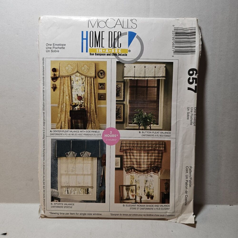 McCalls SewingPattern 657 Window Curtains Valance Panels - NEW Uncut